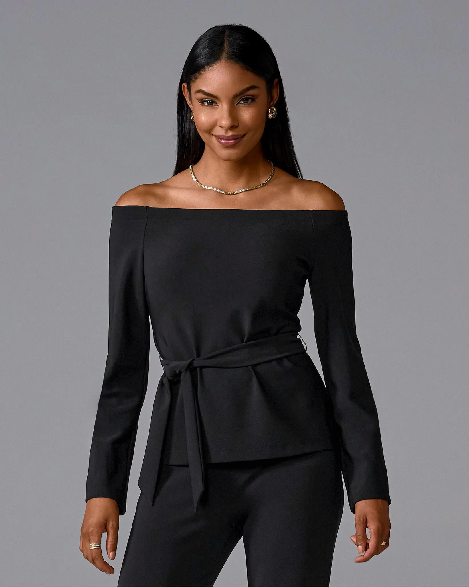 Beyond Travel Belted Off The Shoulder Top Jet Black