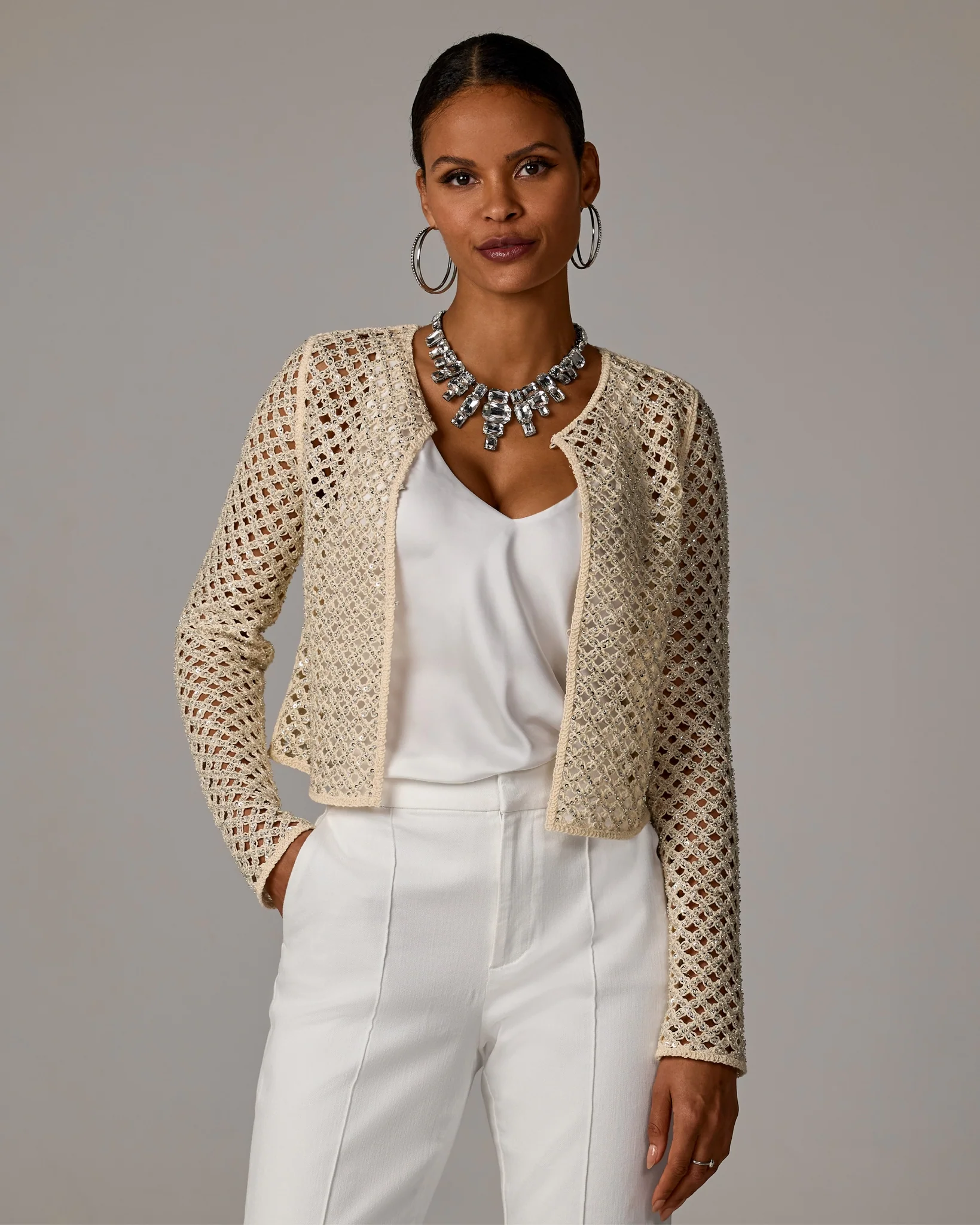 Embellished Crochet Cardigan Neutral