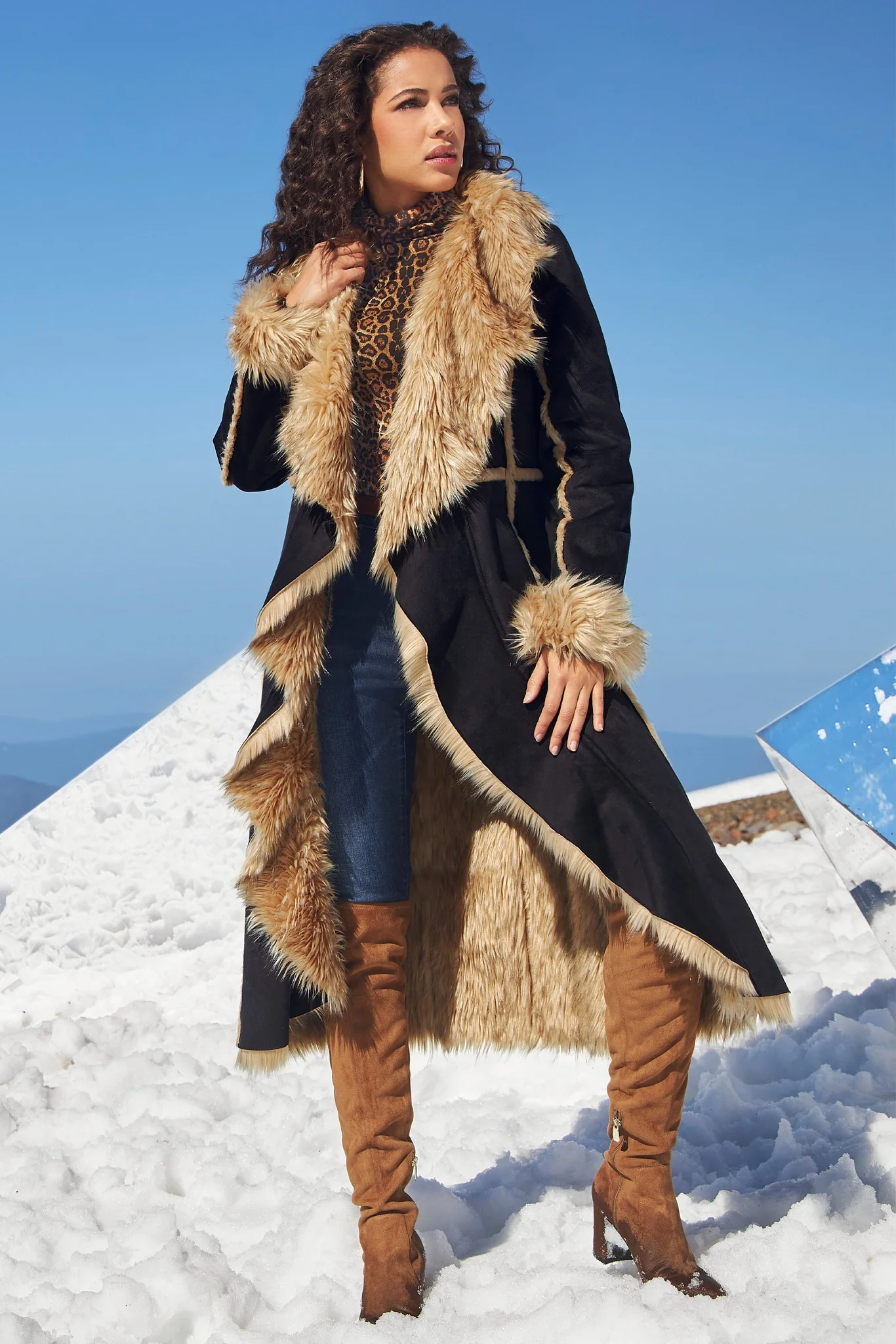 Faux-Fur Cascading Coat Black/Brown