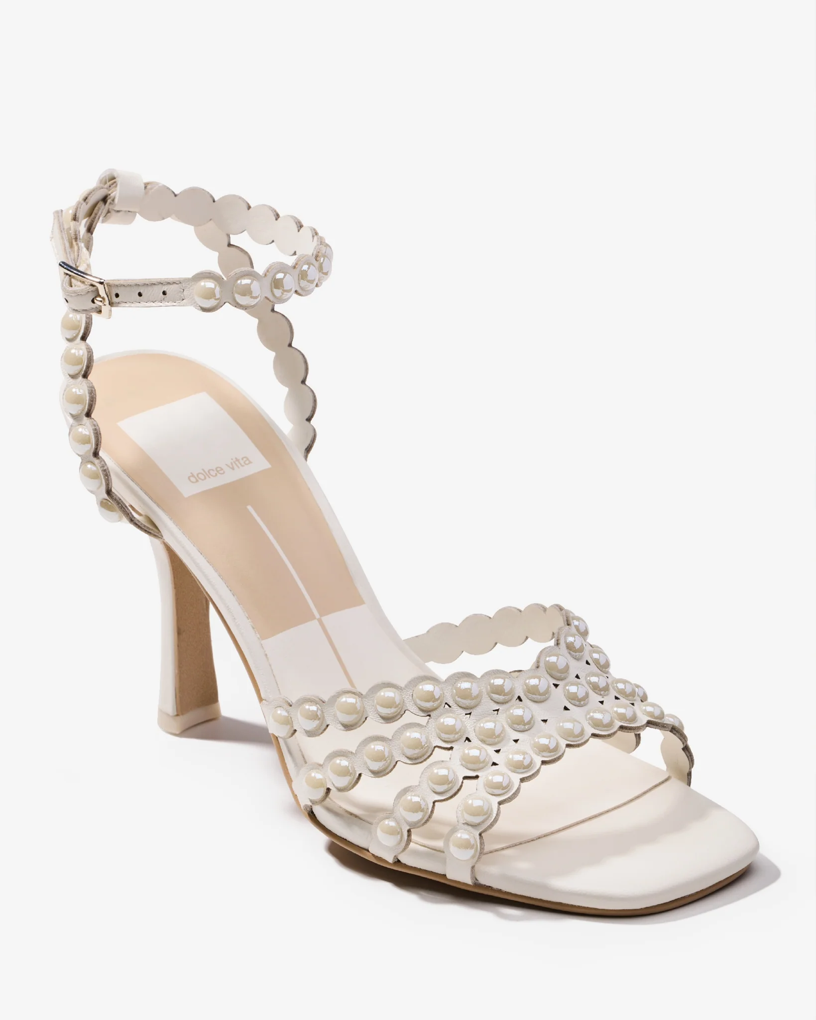 Pearl Scallop Ankle Strap Heel White