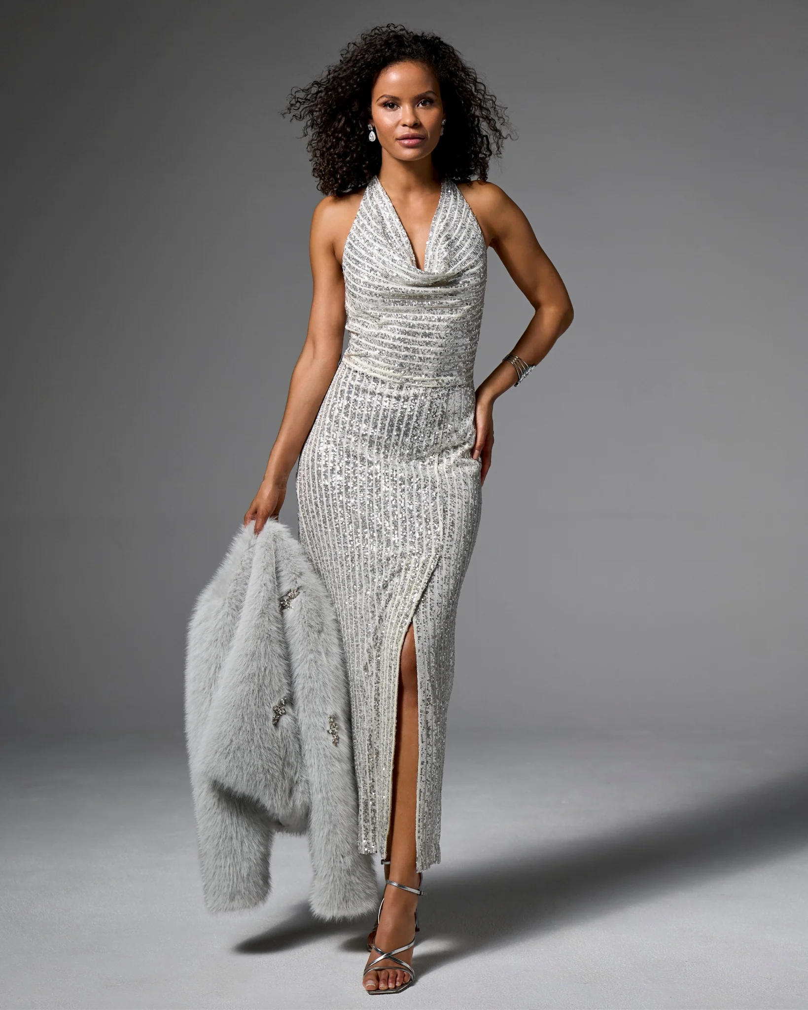 Sequin Rib Cowl Neck Slit Gown Silver