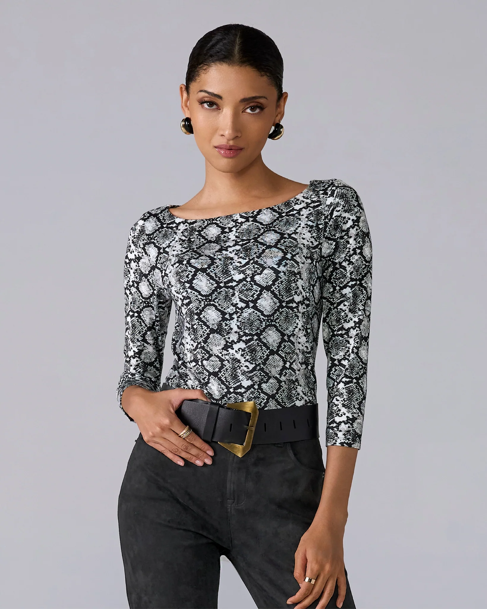 So Effortless Printed Boat Neck 3/4 Sleeve Knit Top Sunset Snake